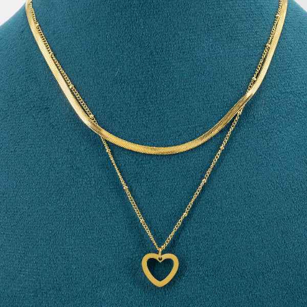 Layered Gold Heart Necklace | Timeless Herringbone & Bead Chain