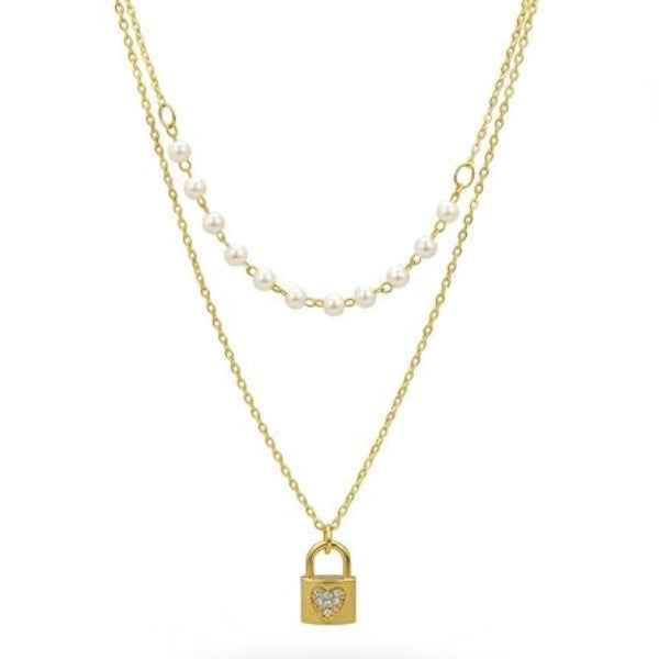 Layered Lock Necklace - Gold Heart Padlock and Pearl Chain Jewelry