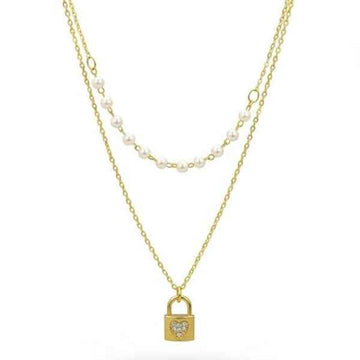 Layered Lock Necklace - Gold Heart Padlock and Pearl Chain Jewelry