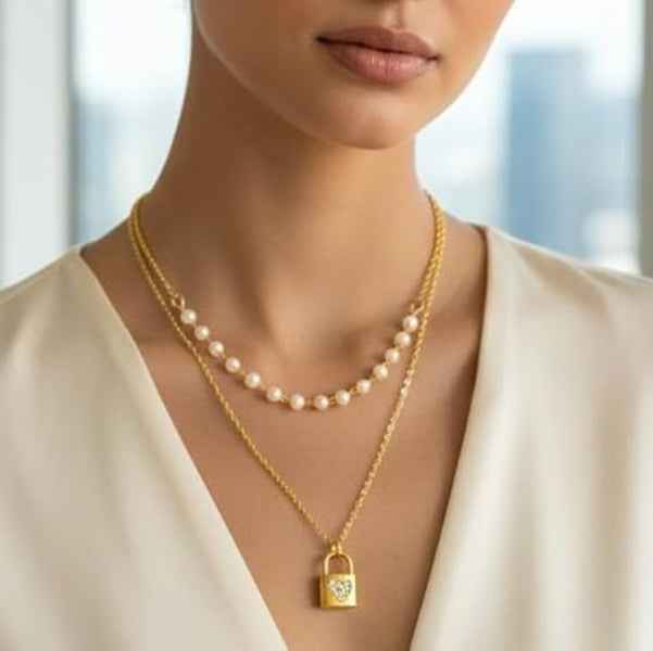 Layered Lock Necklace - Gold Heart Padlock and Pearl Chain Jewelry
