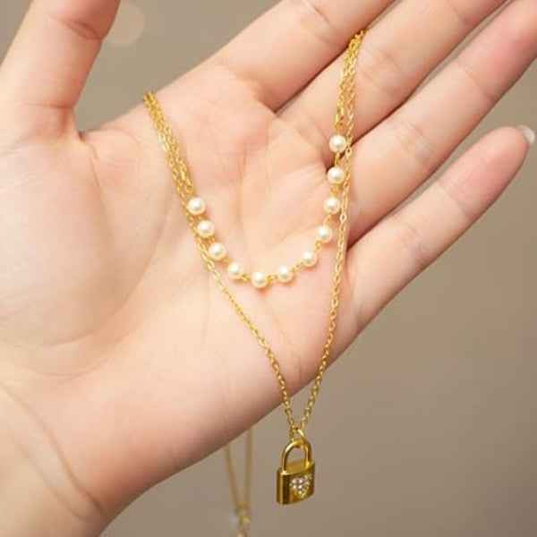 Layered Lock Necklace - Gold Heart Padlock and Pearl Chain Jewelry