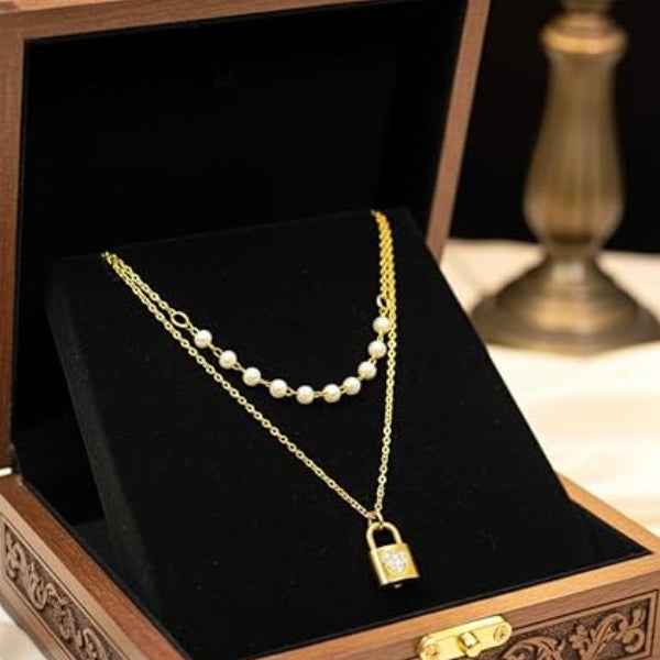 Layered Lock Necklace - Gold Heart Padlock and Pearl Chain Jewelry
