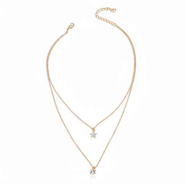 Dainty Layered Necklace with Star Charm and Crystal Gold Pendant