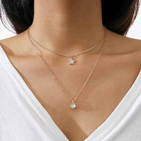Dainty Layered Necklace with Star Charm and Crystal Gold Pendant