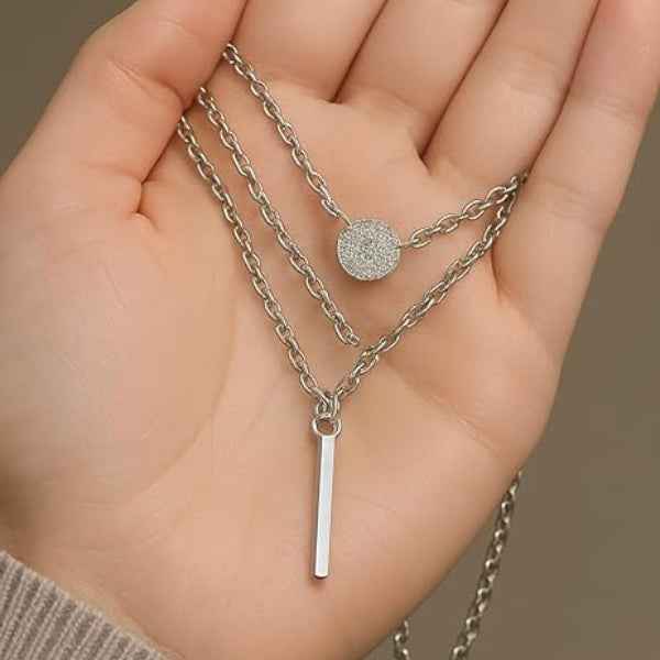 Layered Pave Bar Necklace | Elegant Double Chain Crystal Jewelry