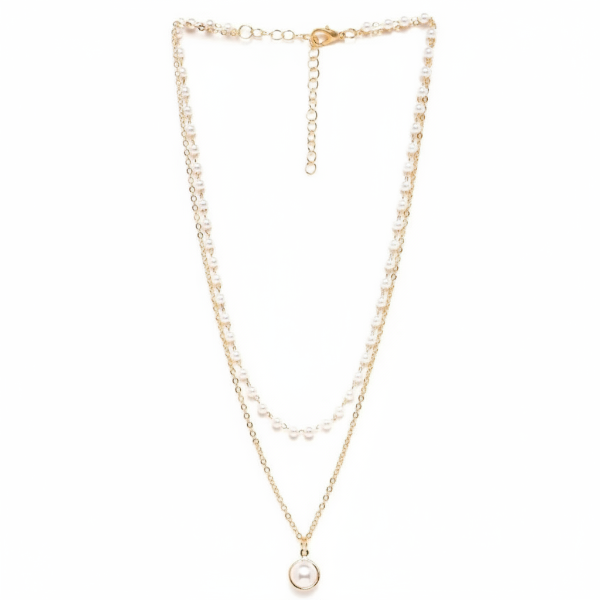 Layered Pearl Necklace – Gold Plated Chain Choker with Dainty Pearl Pendant