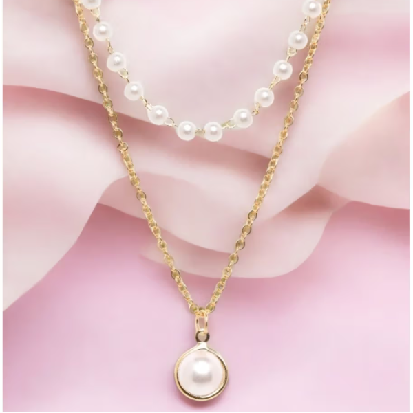 Layered Pearl Necklace – Gold Plated Chain Choker with Dainty Pearl Pendant