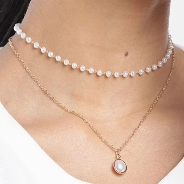 Layered Pearl Necklace | Gold Chain Choker with Dainty Pearl Pendant
