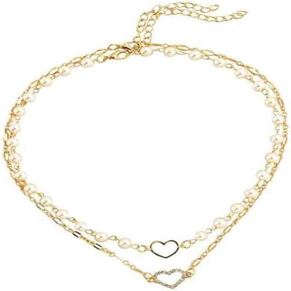 Dainty Layered Pearl Heart Necklace | Chic Gold Chain Choker