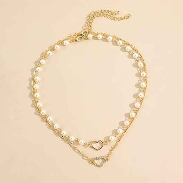 Dainty Layered Pearl Heart Necklace | Chic Gold Chain Choker