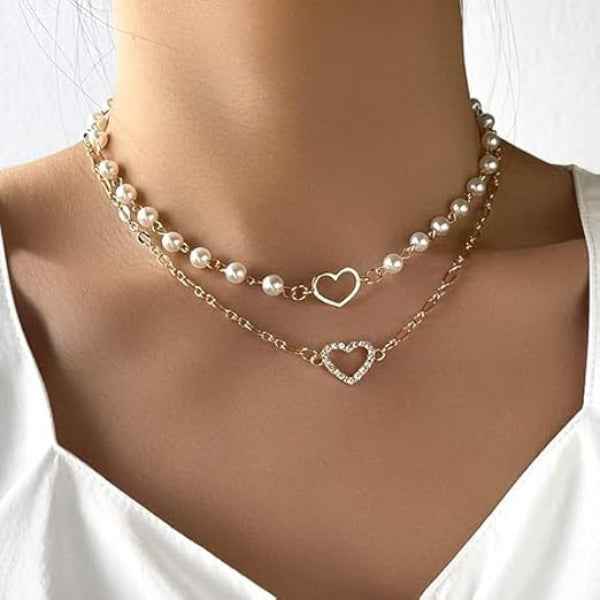 Dainty Layered Pearl Heart Necklace | Chic Gold Chain Choker