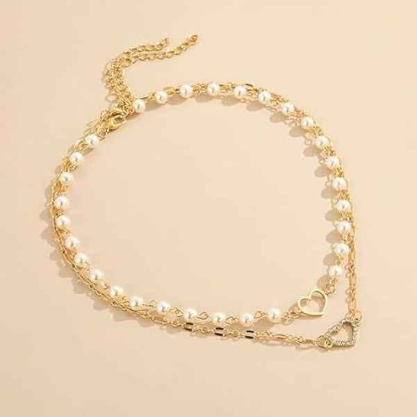 Dainty Layered Pearl Heart Necklace | Chic Gold Chain Choker