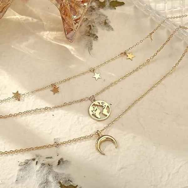 Dainty Layered Star Moon Necklace | Gold Celestial Traveler Set