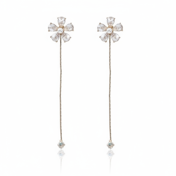 Stunning Threader Flower Crystal Earrings | Long Drop Dangle Style