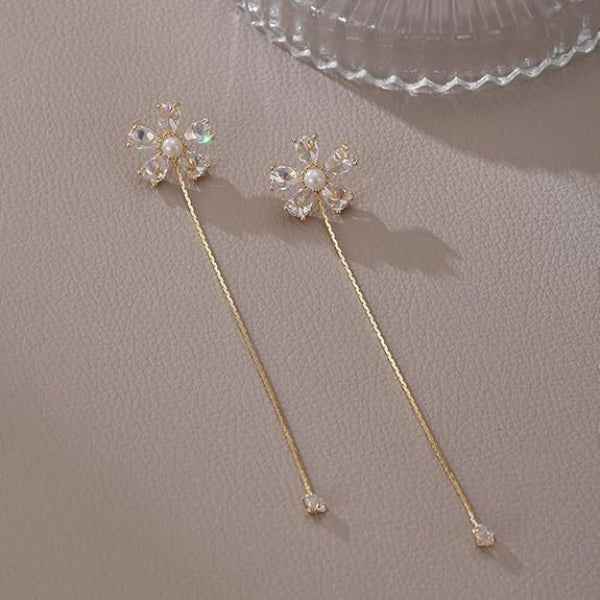 Stunning Threader Flower Crystal Earrings | Long Drop Dangle Style