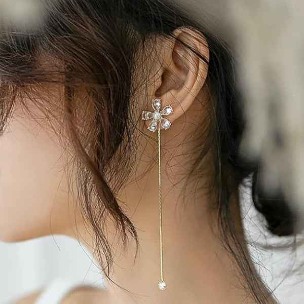Stunning Threader Flower Crystal Earrings | Long Drop Dangle Style