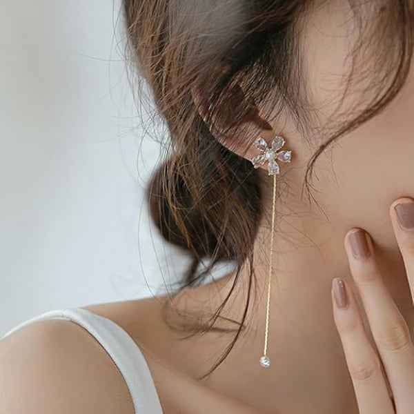 Stunning Threader Flower Crystal Earrings | Long Drop Dangle Style
