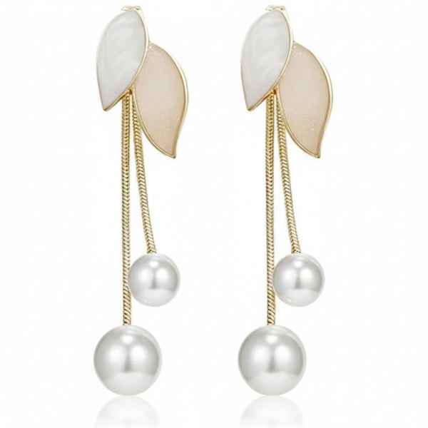 Graceful Pearl Drop Earrings: Gold Leaf Tassel Dangle Jewelry