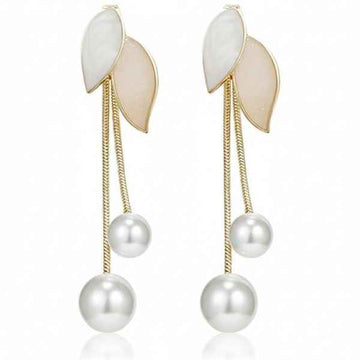 Graceful Pearl Drop Earrings: Gold Leaf Tassel Dangle Jewelry