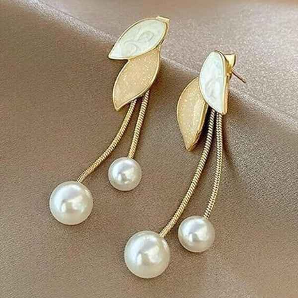 Graceful Pearl Drop Earrings: Gold Leaf Tassel Dangle Jewelry