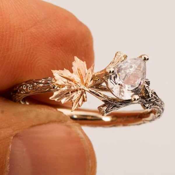 Maple Leaf Ring: Moissanite Twig Band Rose Gold Nature Jewelry