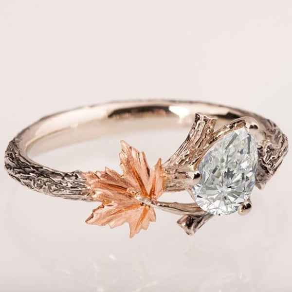 Maple Leaf Ring: Moissanite Twig Band Rose Gold Nature Jewelry