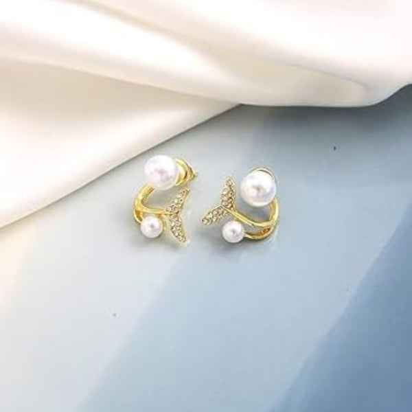 Mermaid Tail Pearl Cuff Earrings | Dainty Gold-Plated | Fine Jewelry