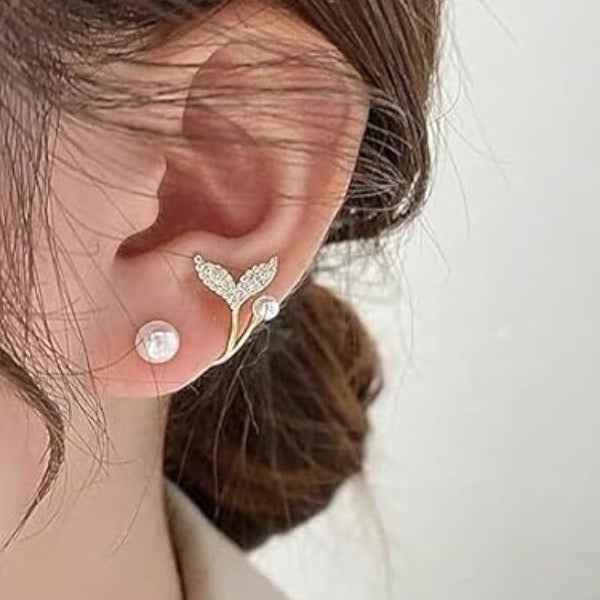 Mermaid Tail Pearl Cuff Earrings | Dainty Gold-Plated | Fine Jewelry
