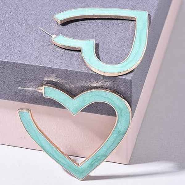 Mint Green Heart Hoop Earrings: Cute Enamel Statement Jewelry