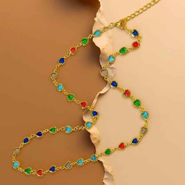 Multicolor Heart Necklace - Shimmering Crystal Gold Station Chain