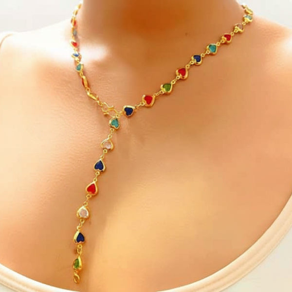Multicolor Heart Necklace - Shimmering Crystal Gold Station Chain