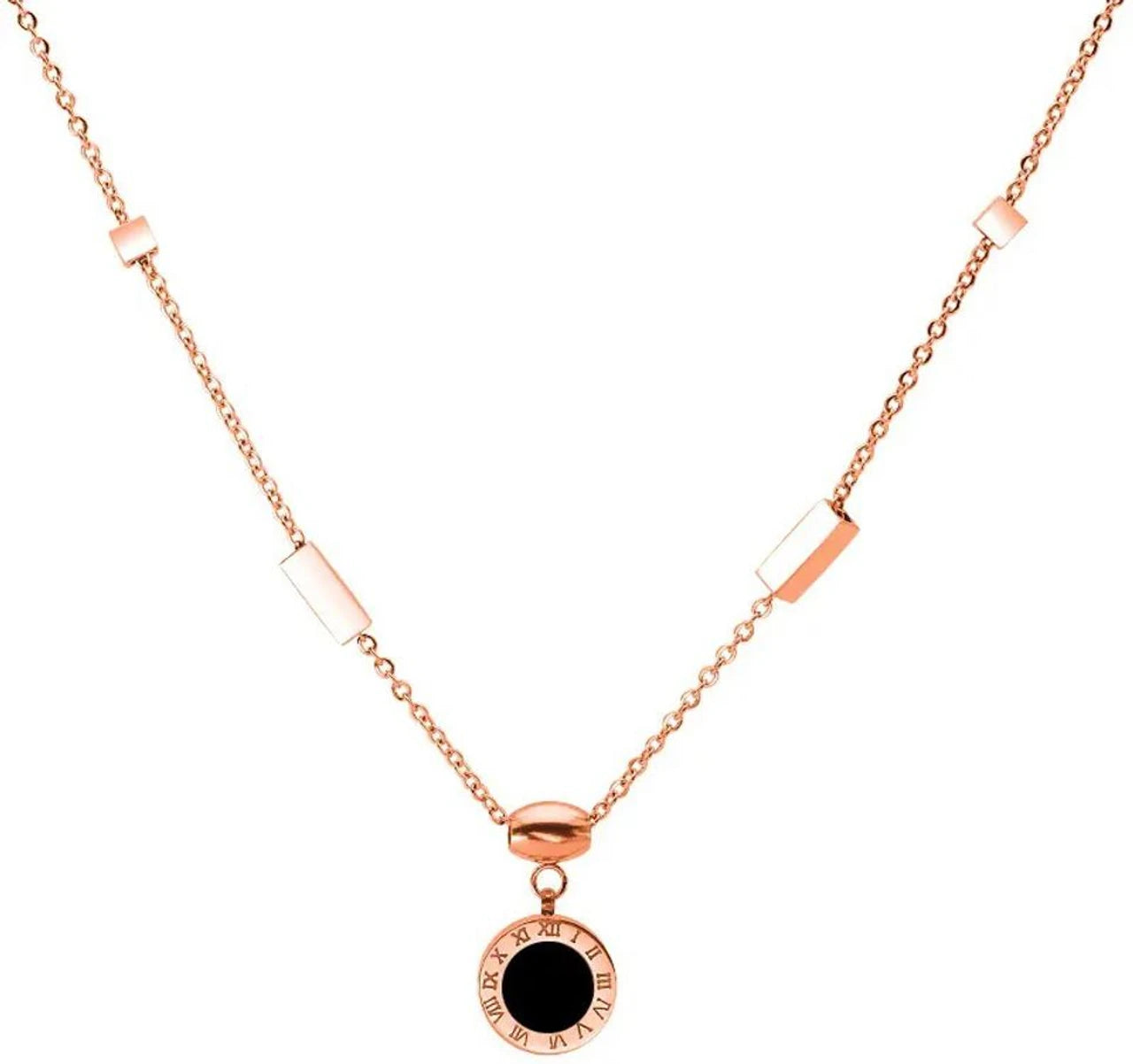 Pack of 2 Rose Gold Roman Numeral Necklace & Earrings | Black Enamel Pendant with Matching Rose Gold Stud Earrings