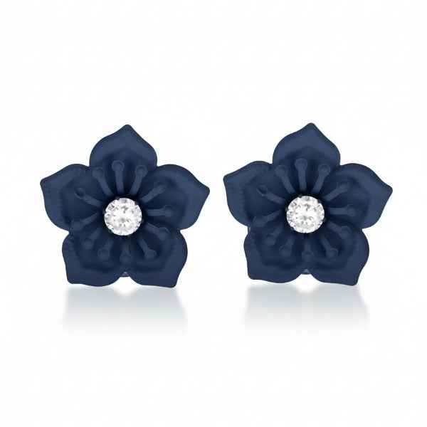 Navy Blue Flower Stud Earrings | Crystal Center Jewelry for Women