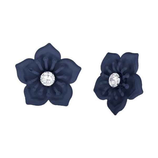 Navy Blue Flower Stud Earrings | Crystal Center Jewelry for Women
