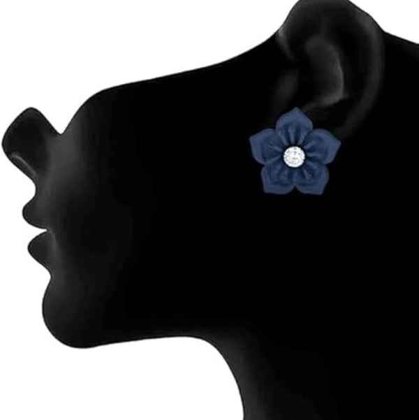 Navy Blue Flower Stud Earrings | Crystal Center Jewelry for Women