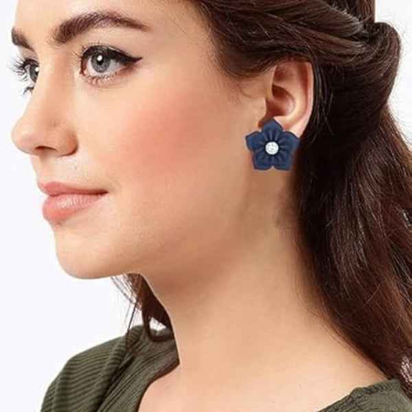 Navy Blue Flower Stud Earrings | Crystal Center Jewelry for Women