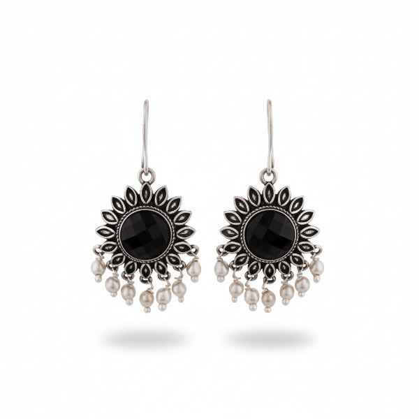 Artisan Oxidized Silver Earrings: Black Stone Statement Drop Jewelry