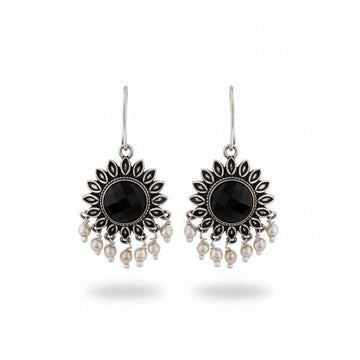 Artisan Oxidized Silver Earrings: Black Stone Statement Drop Jewelry
