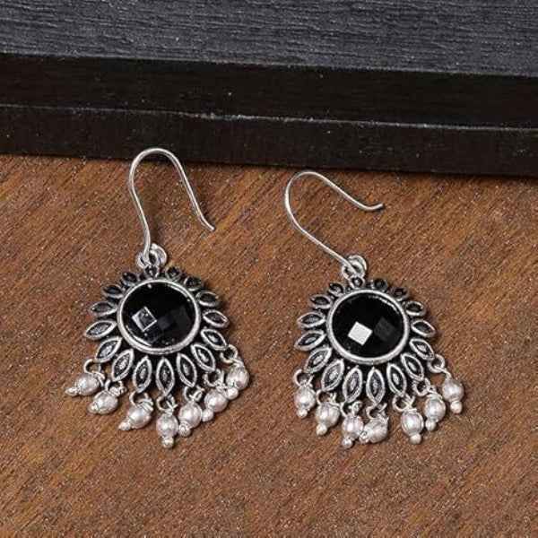 Artisan Oxidized Silver Earrings: Black Stone Statement Drop Jewelry
