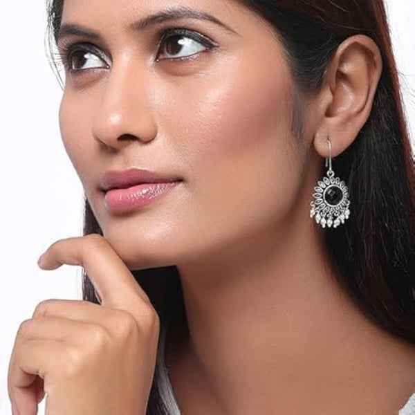 Artisan Oxidized Silver Earrings: Black Stone Statement Drop Jewelry