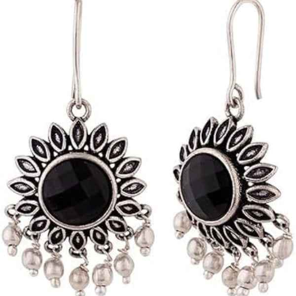 Artisan Oxidized Silver Earrings: Black Stone Statement Drop Jewelry