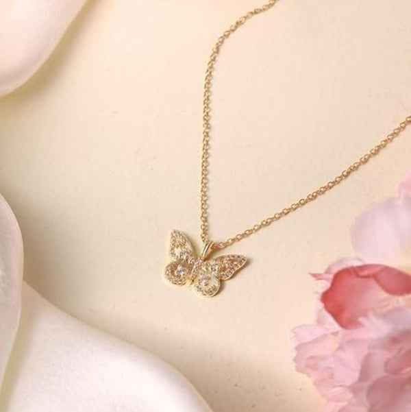 Dainty Pave Butterfly Necklace | 14K Gold Plated Charm Jewelry