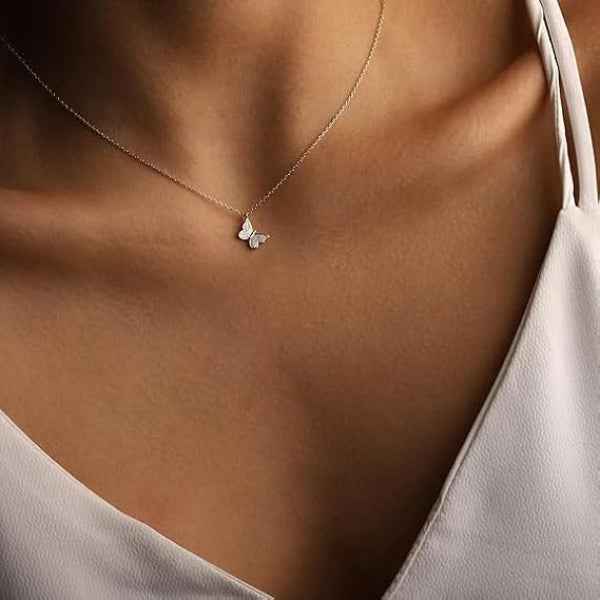 Dainty Pave Butterfly Necklace | 14K Gold Plated Charm Jewelry