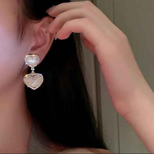 Dainty Pave Heart Earrings | Gold Crystal Heart Drop Romantic Gift