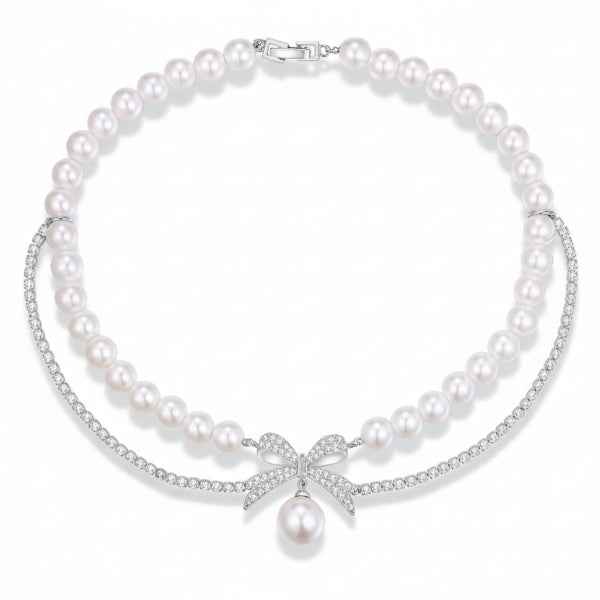 Pearl Bow Necklace | Chic Layered Ribbon Choker for Women