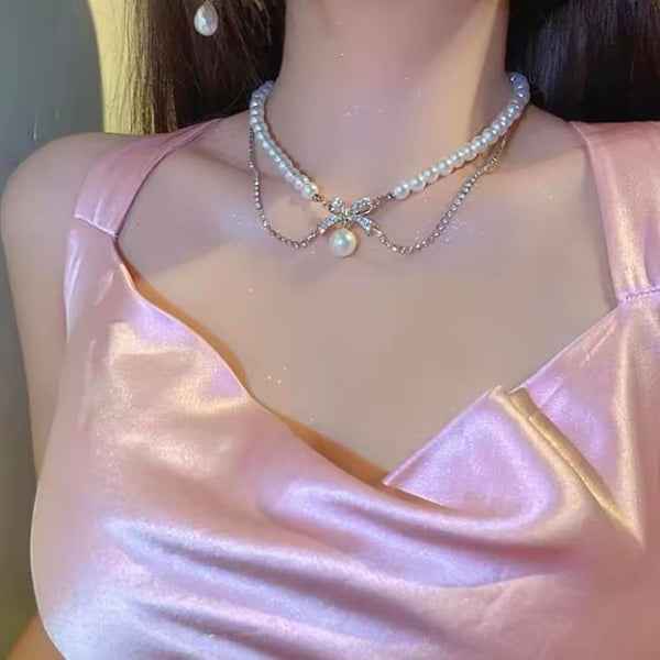 Pearl Bow Necklace | Chic Layered Ribbon Choker for Women