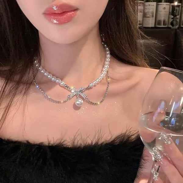 Pearl Bow Necklace | Chic Layered Ribbon Choker for Women