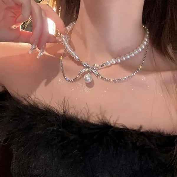 Pearl Bow Necklace | Chic Layered Ribbon Choker for Women
