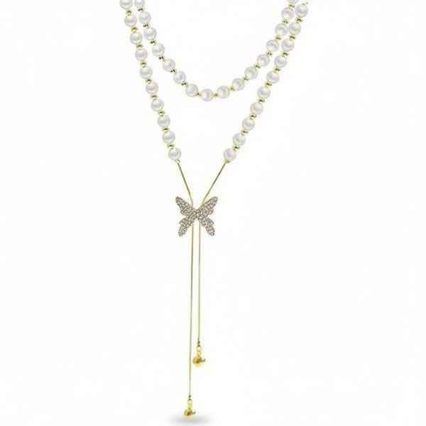 Elegant Pearl Butterfly Lariat Necklace – Layered Y-Shape Design