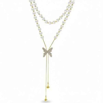 Elegant Pearl Butterfly Lariat Necklace – Layered Y-Shape Design